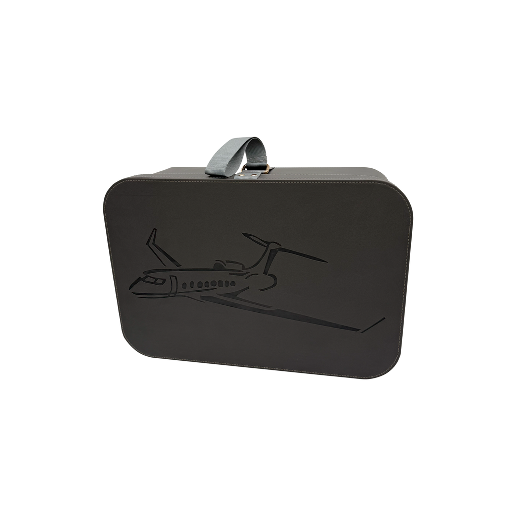 Black clutch bag with airplane design on a white background