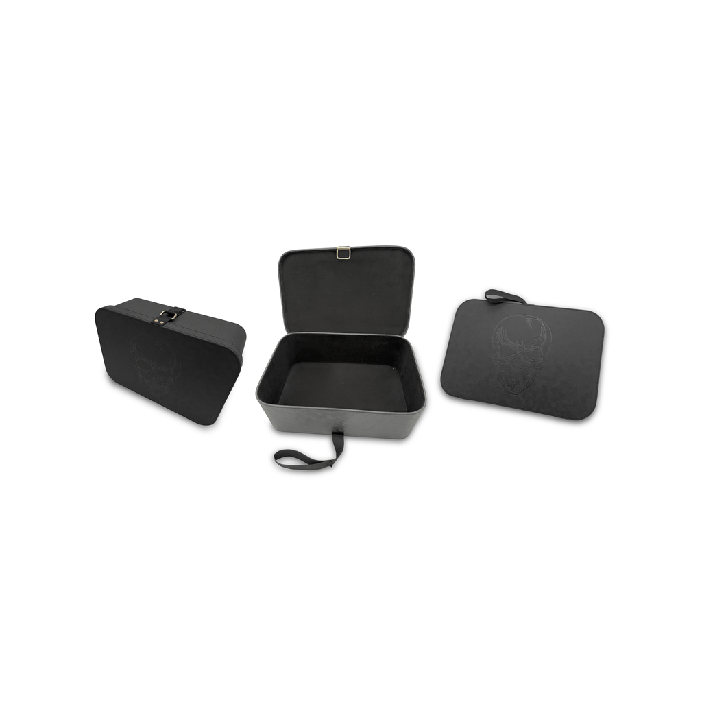 faux leather black skull embossed carry-on bag and storage case media images
